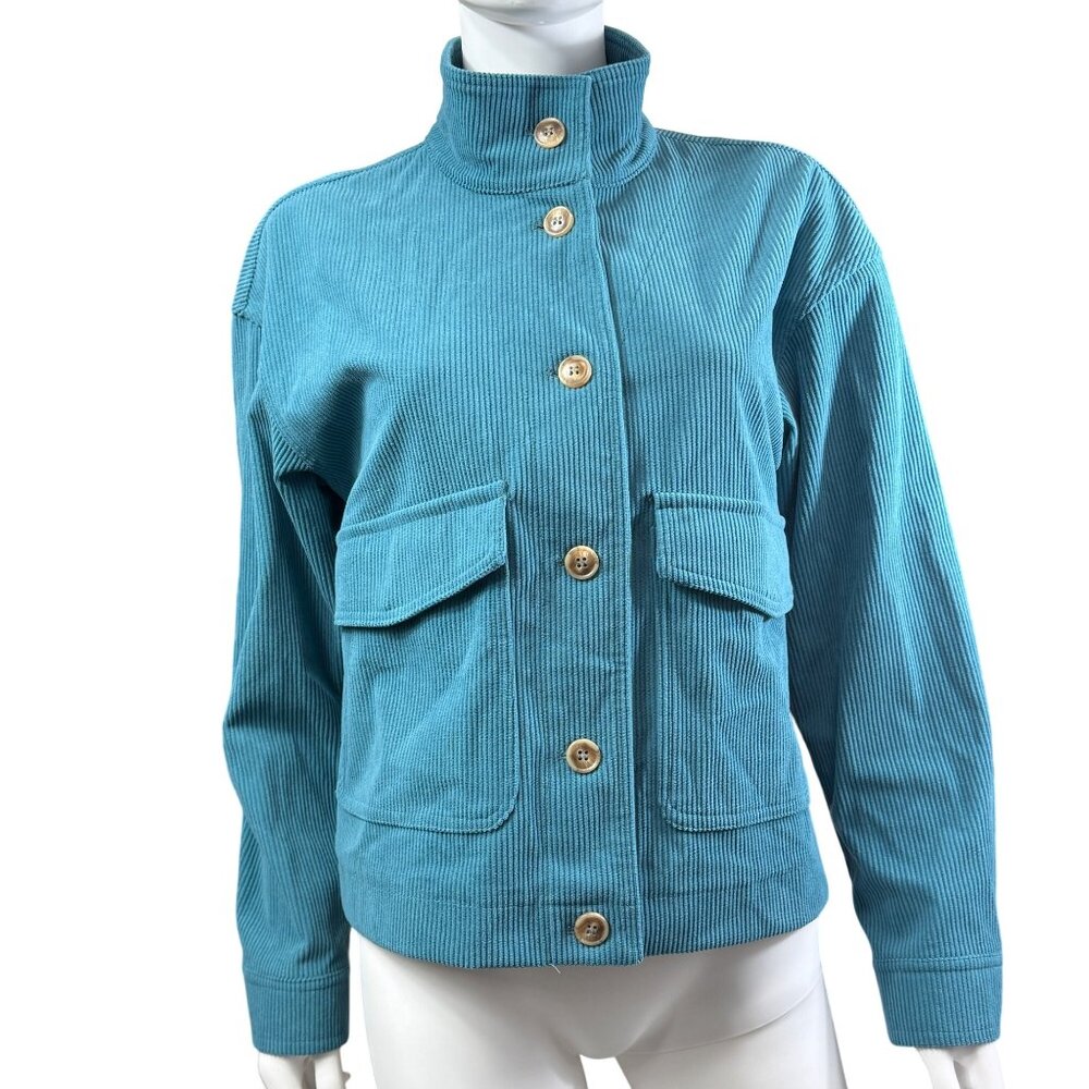Avec Les Filles Womens Corduroy Jacket High Neck Snap Button Teal Small